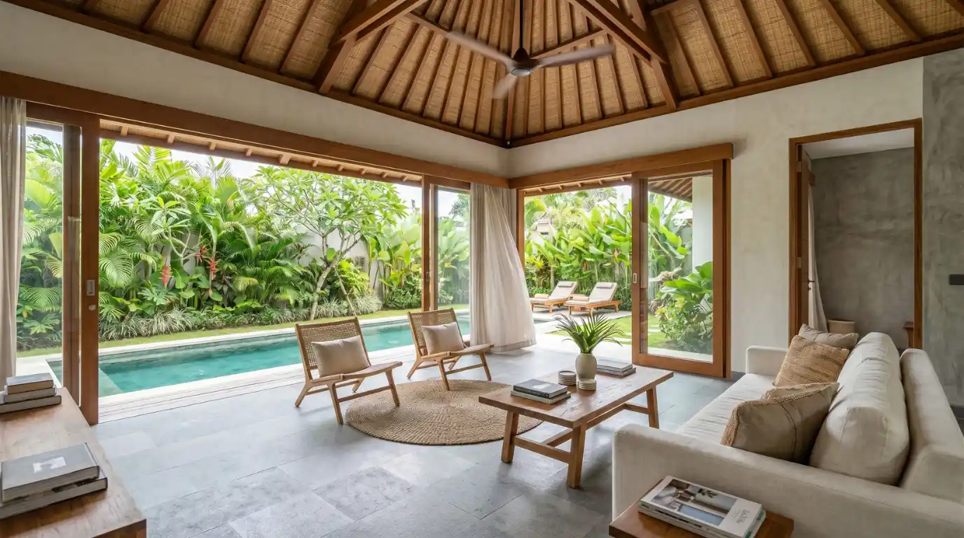 Tropical Bali villa living room with teak, stone, and open indoor-outdoor flow — good interior design example