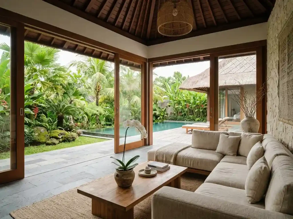 Finished Bali villa living room with indoor-outdoor flow — the result of architect, interior designer, and contractor working in sequence