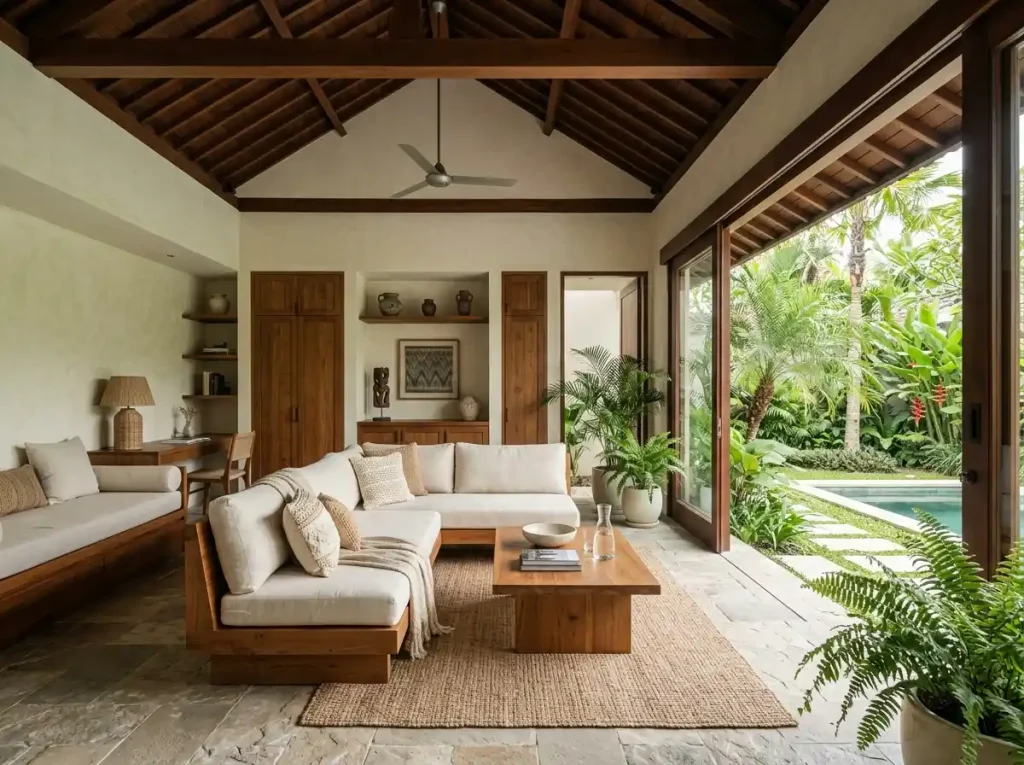 Completed, well-planned Bali villa interior with climate-appropriate materials and indoor-outdoor flow — the outcome of professional design