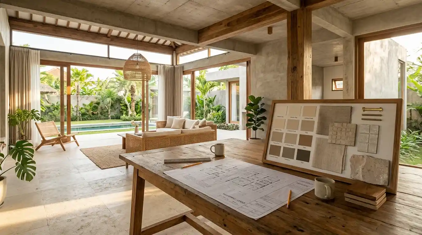 Architectural drawings and material samples on a work table in a Bali villa — the planning stage before interior design and construction begin