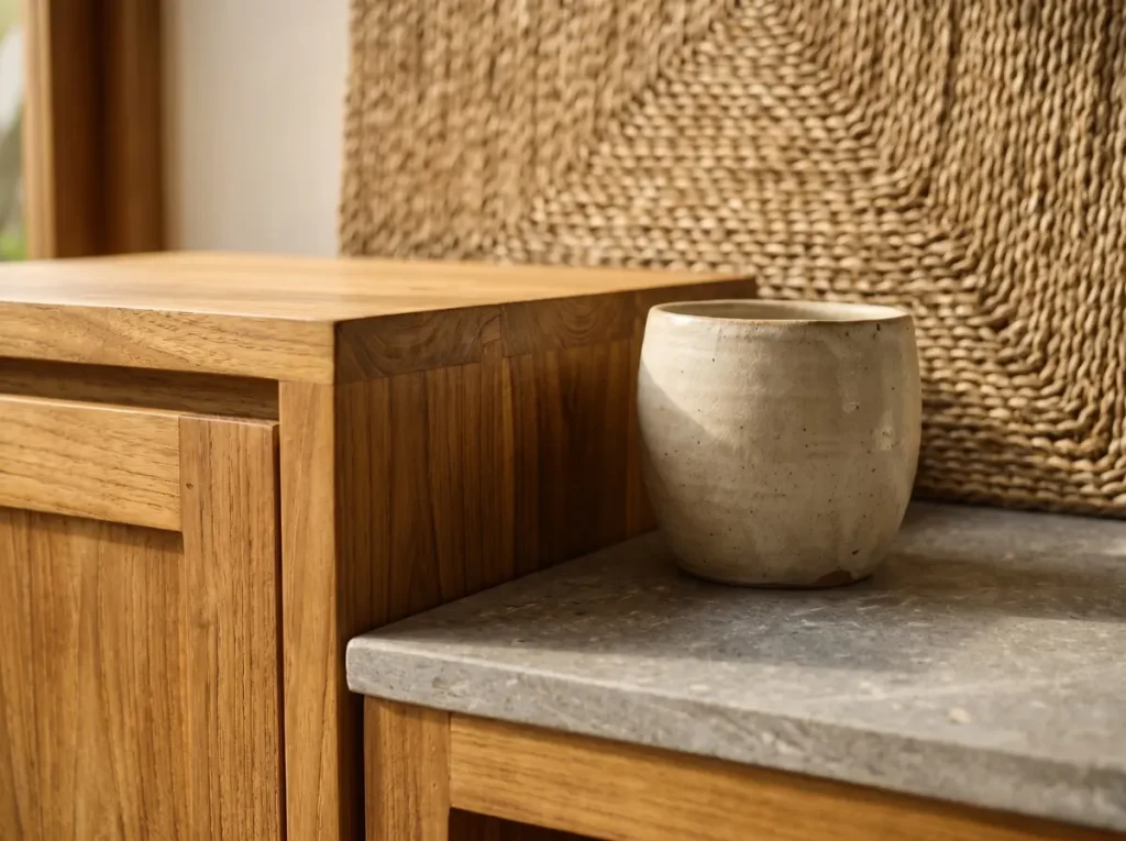 Close-up of kiln-dried teak, stone, and ceramic — humidity-resistant materials for Bali interior design