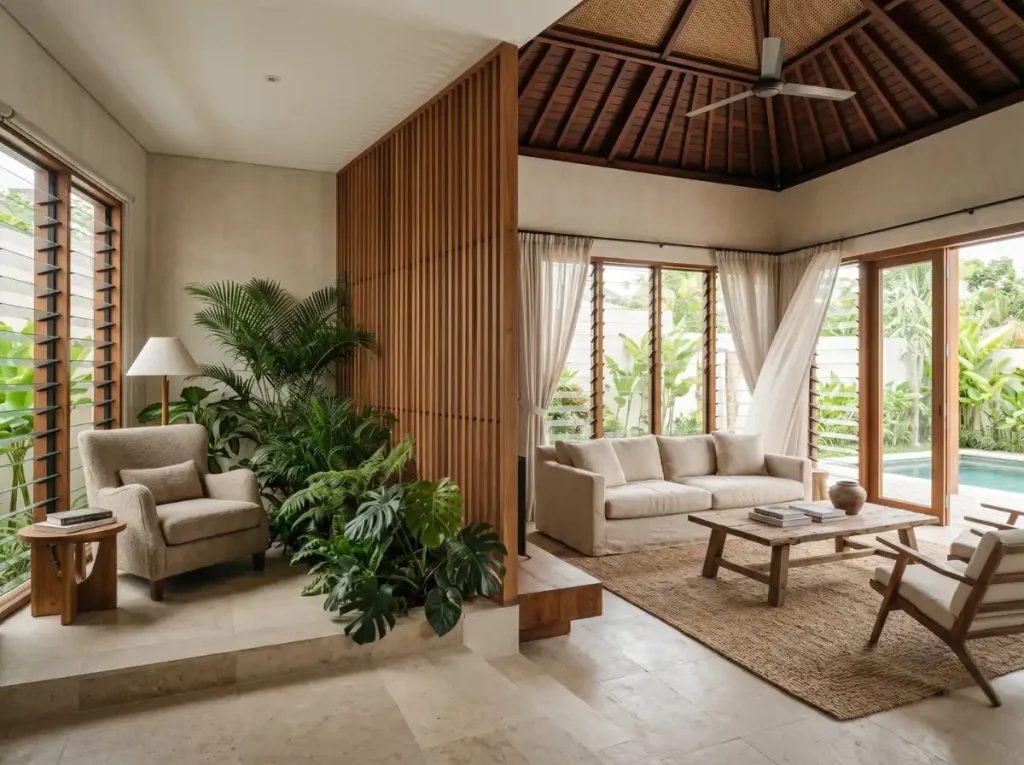 Open-plan Bali villa interior with soft zoning and cross-ventilation — avoiding common interior design mistakes