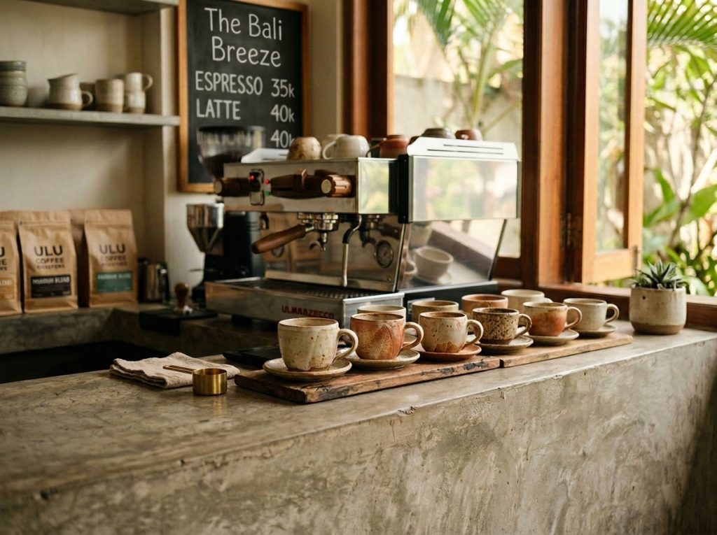 Cafe interior design Bali — bespoke micro-cement counter with integrated espresso bar in a Canggu coffee shop