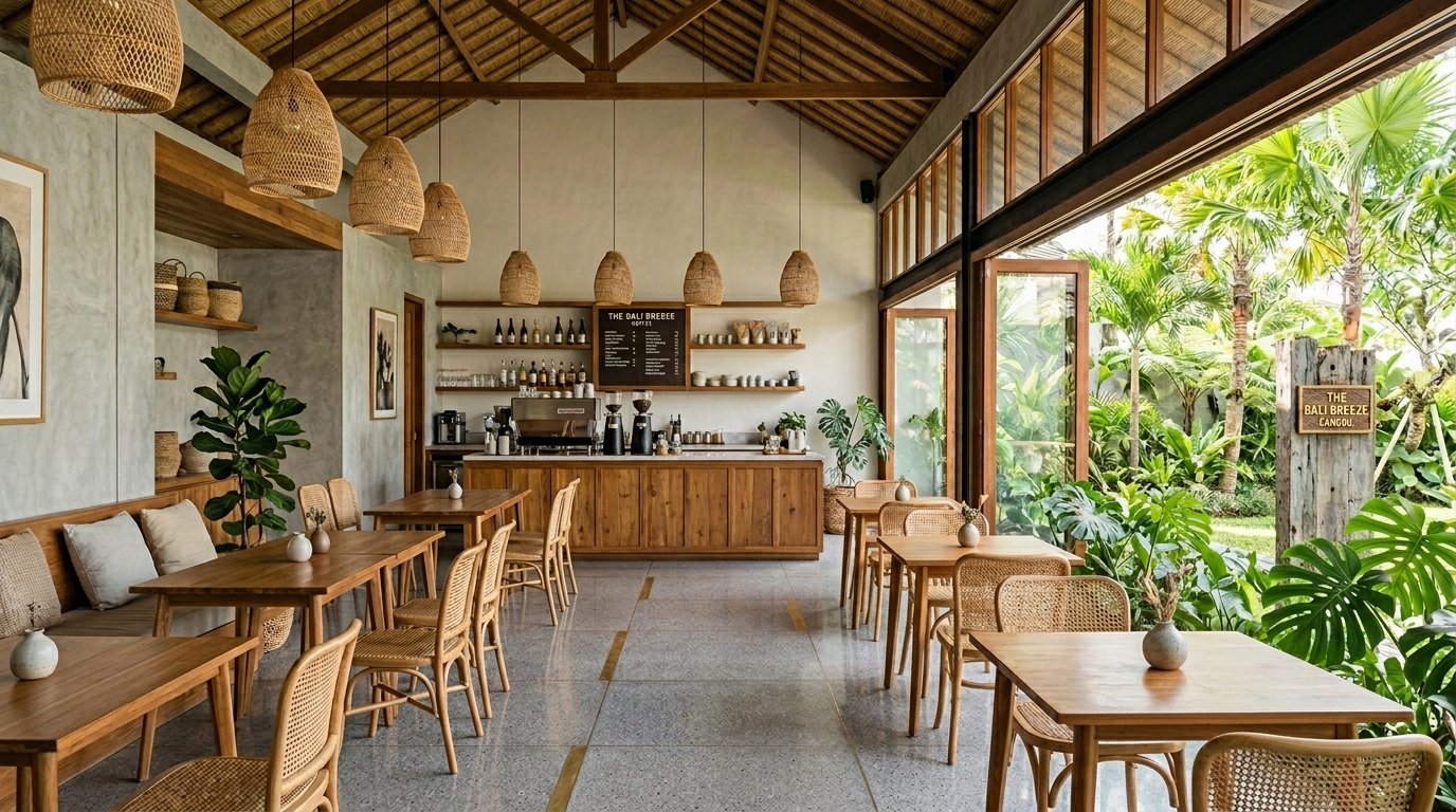 Cafe interior design Bali — open-plan coffee shop with terrazzo floor, custom timber counter and tropical open frontage