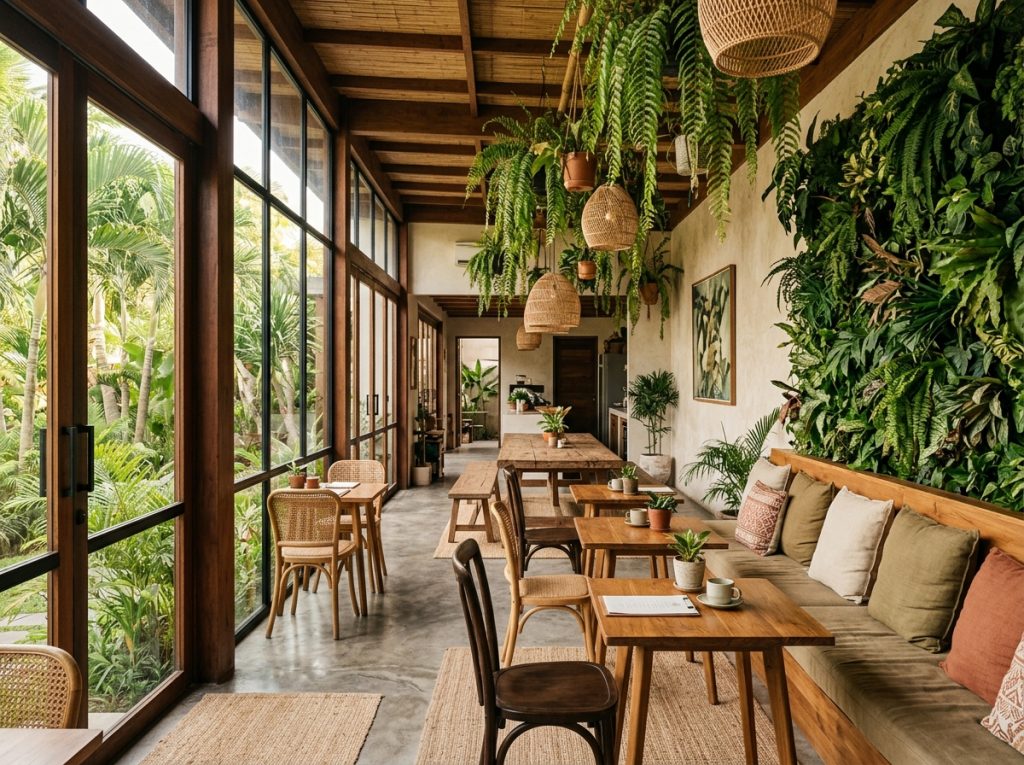 Cafe interior design Bali — mixed seating zone with natural light, tropical greenery wall and built-in banquette
