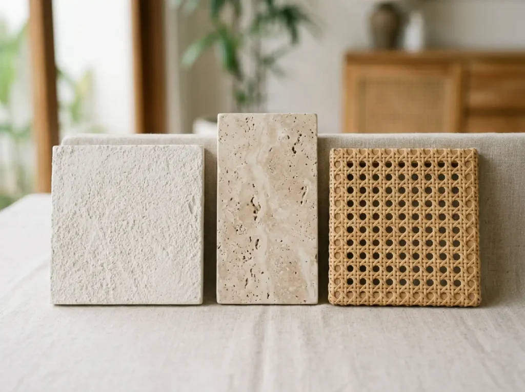 Coastal interior design Bali material palette — mineral render, travertine, and natural rattan