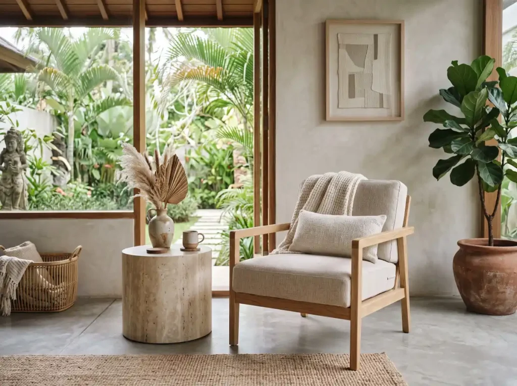 Rental-proof furniture in a Bali villa — solid timber frame and washable performance-fabric covers