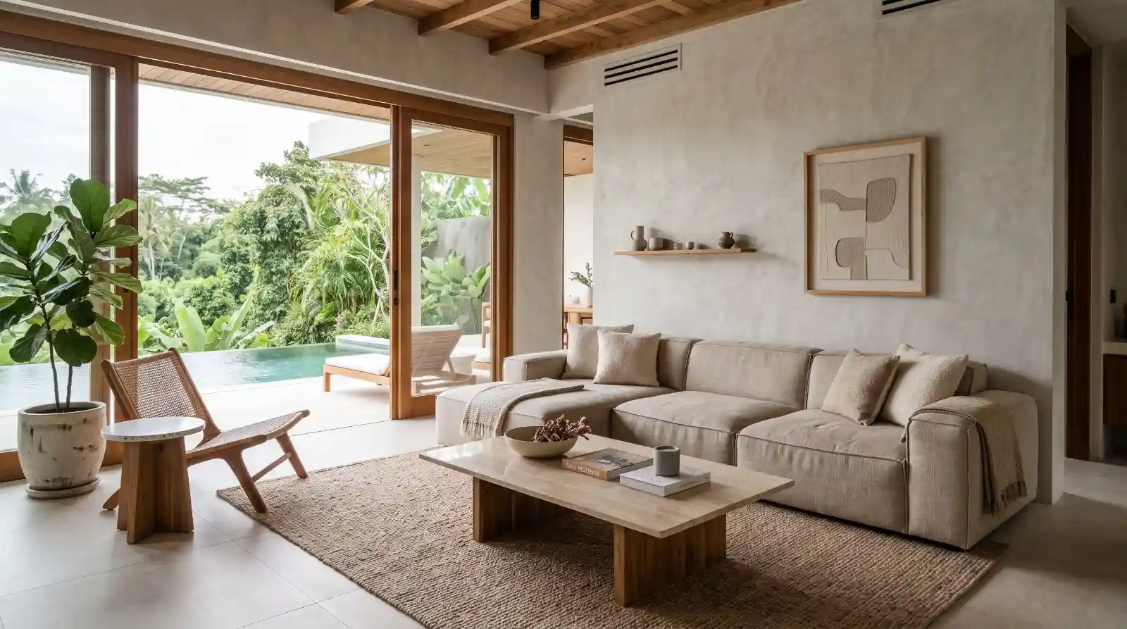 Durable rental villa design in Bali — organic modern living space with hard-wearing materials