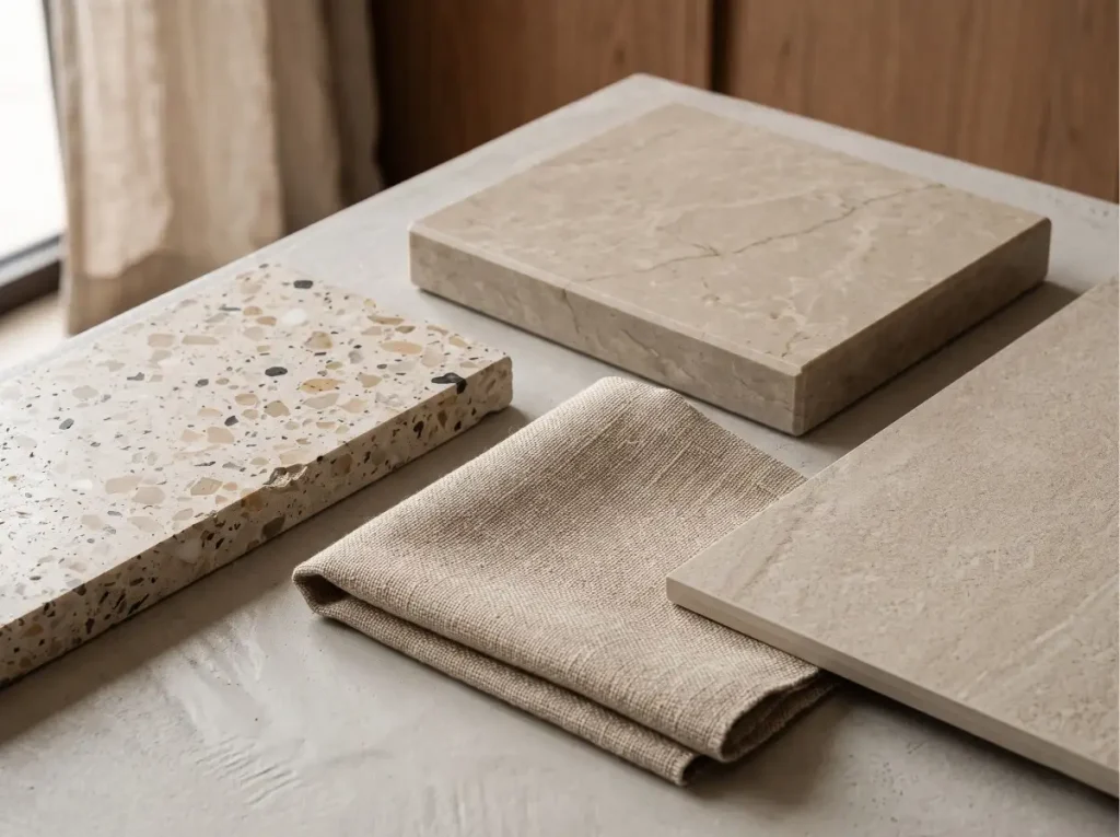 Durable materials for a Bali rental villa — terrazzo, microcement, sealed stone and performance fabric
