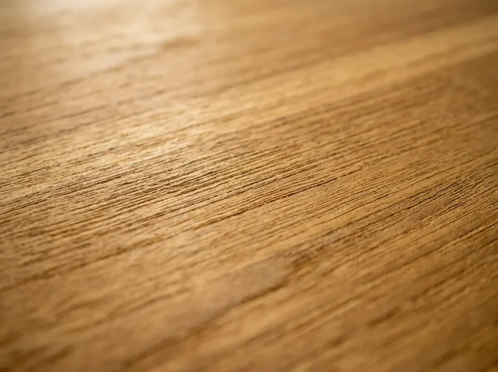 Close-up of Grade-A kiln-dried teak grain with penetrating oil finish — mold resistant material for Bali villas