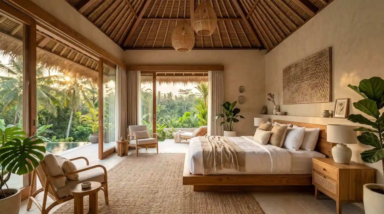 Instagrammable villa design in Bali — organic modern bedroom with curved plaster niche and garden pool view