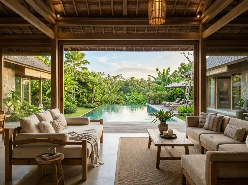 Framed indoor-outdoor view in a modern Instagrammable Bali villa with infinity pool