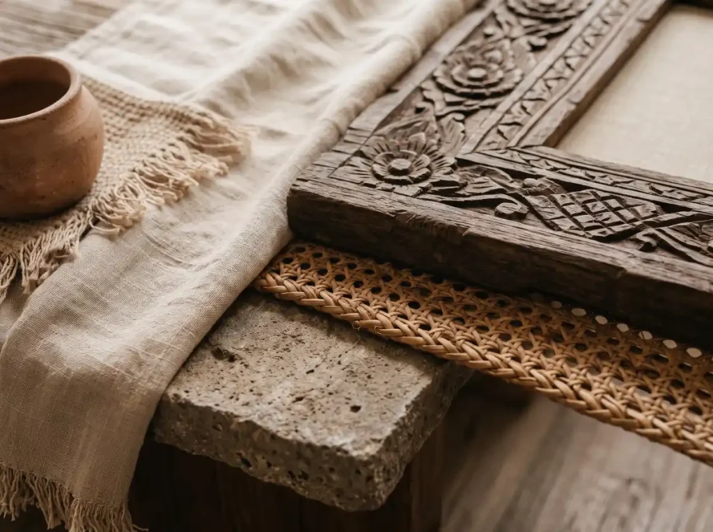 Natural materials for Instagrammable villa design in Bali — travertine, microcement, linen and pale oak