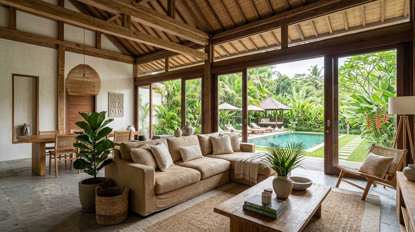 Interior design 3D render of a Bali villa living room with teak ceiling beams and tropical garden view