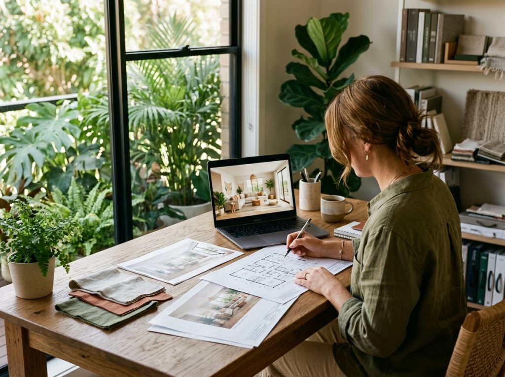 Interior designer reviewing floor plans and 3D renders during the Bali interior design process