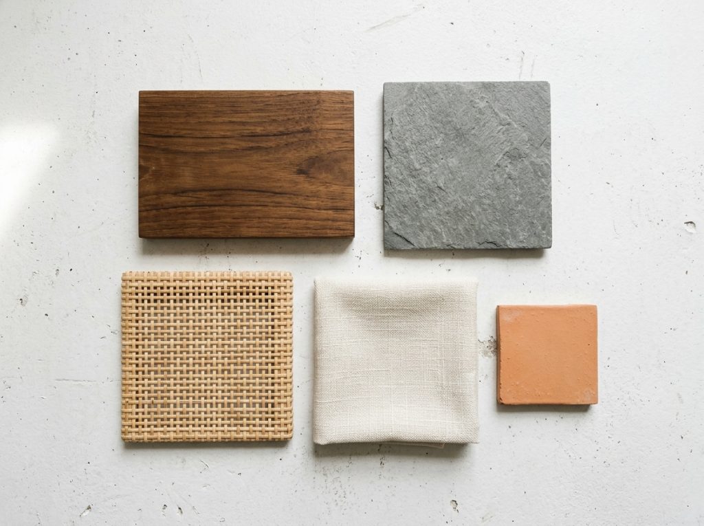 Interior design material samples for a Bali villa project — teak, stone, linen and rattan swatches