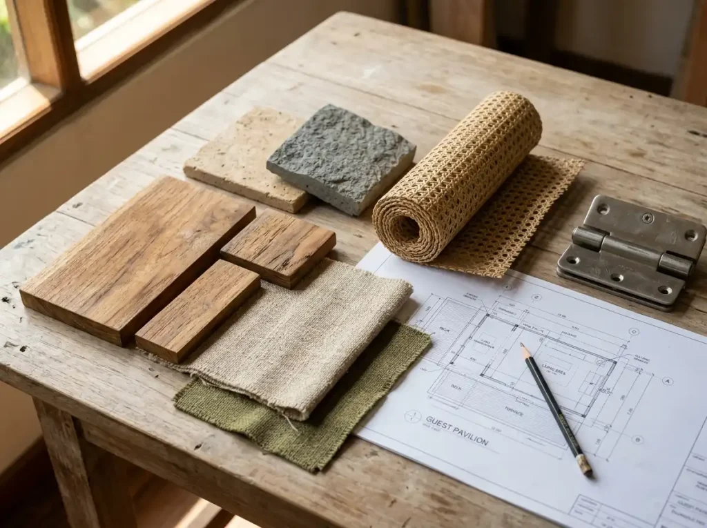 Climate-appropriate material and finish selection for a Bali interior — the planning work a designer handles