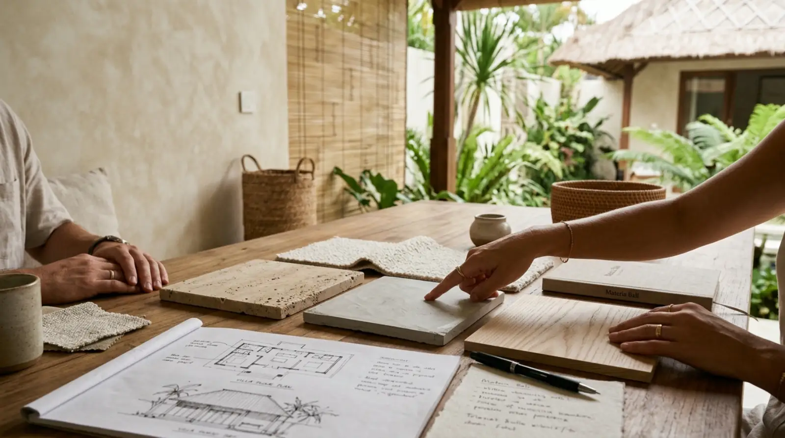 Interior designer consultation in Bali — material samples and design drawings for a villa renovation project