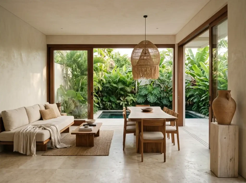 Interior design result in a Bali villa — modern-organic open-plan space with travertine floor and indoor-outdoor connection