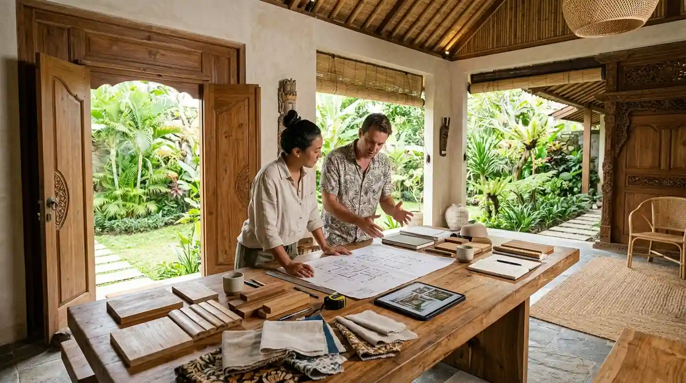 Interior designer reviewing material samples and plans for a Bali villa project — deciding whether hiring a designer is worth it