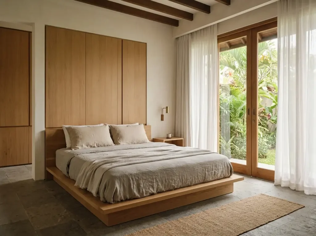 Japandi bedroom in Bali villa with low platform bed, linen bedding and andesite stone floor
