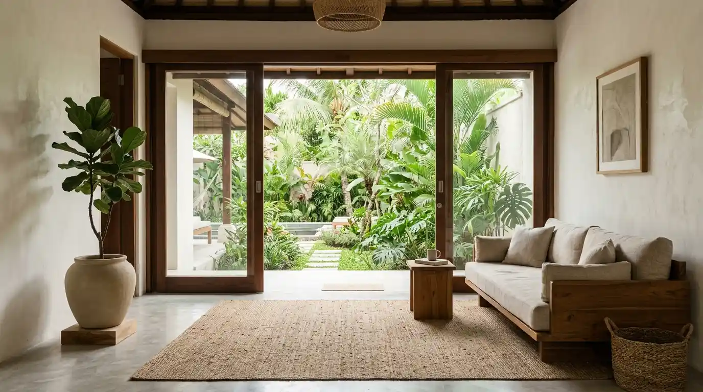 Japandi interior design in Bali villa living room with low timber sofa and tropical garden view