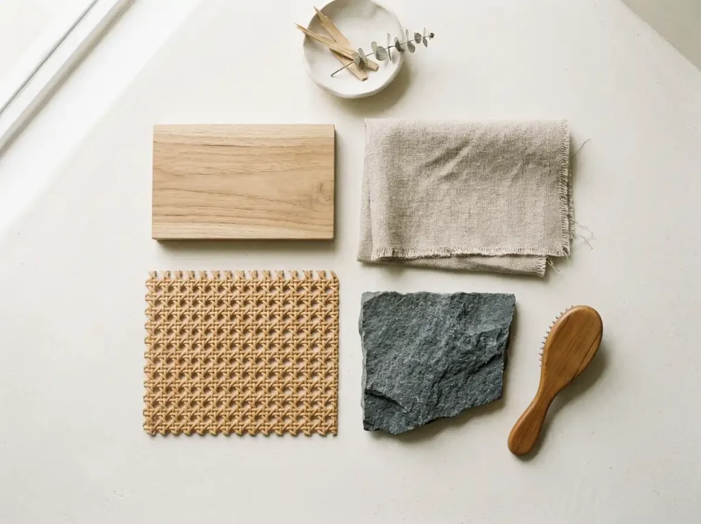 Natural materials for Japandi interior design in Bali — timber, linen, andesite stone and rattan