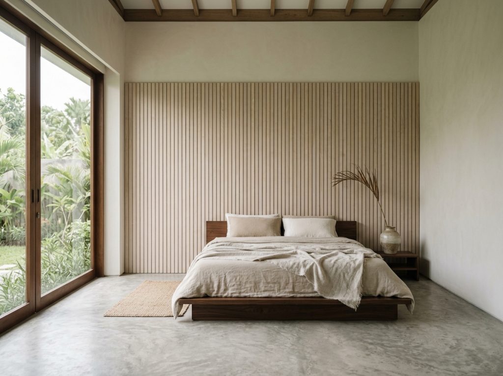 Japandi interior design style in a Bali villa — pale timber panel, minimal branch composition, and ceramic vessel on warm off-white