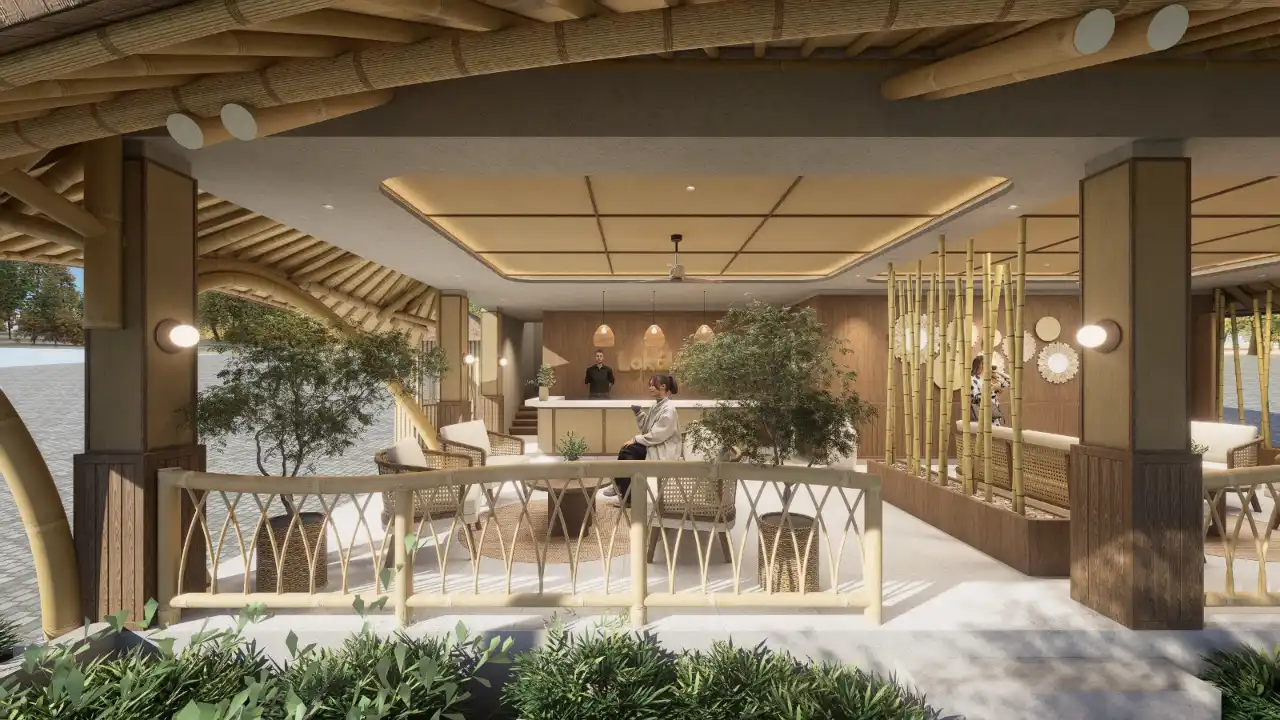 Render — Lokalé lounge with bamboo screens