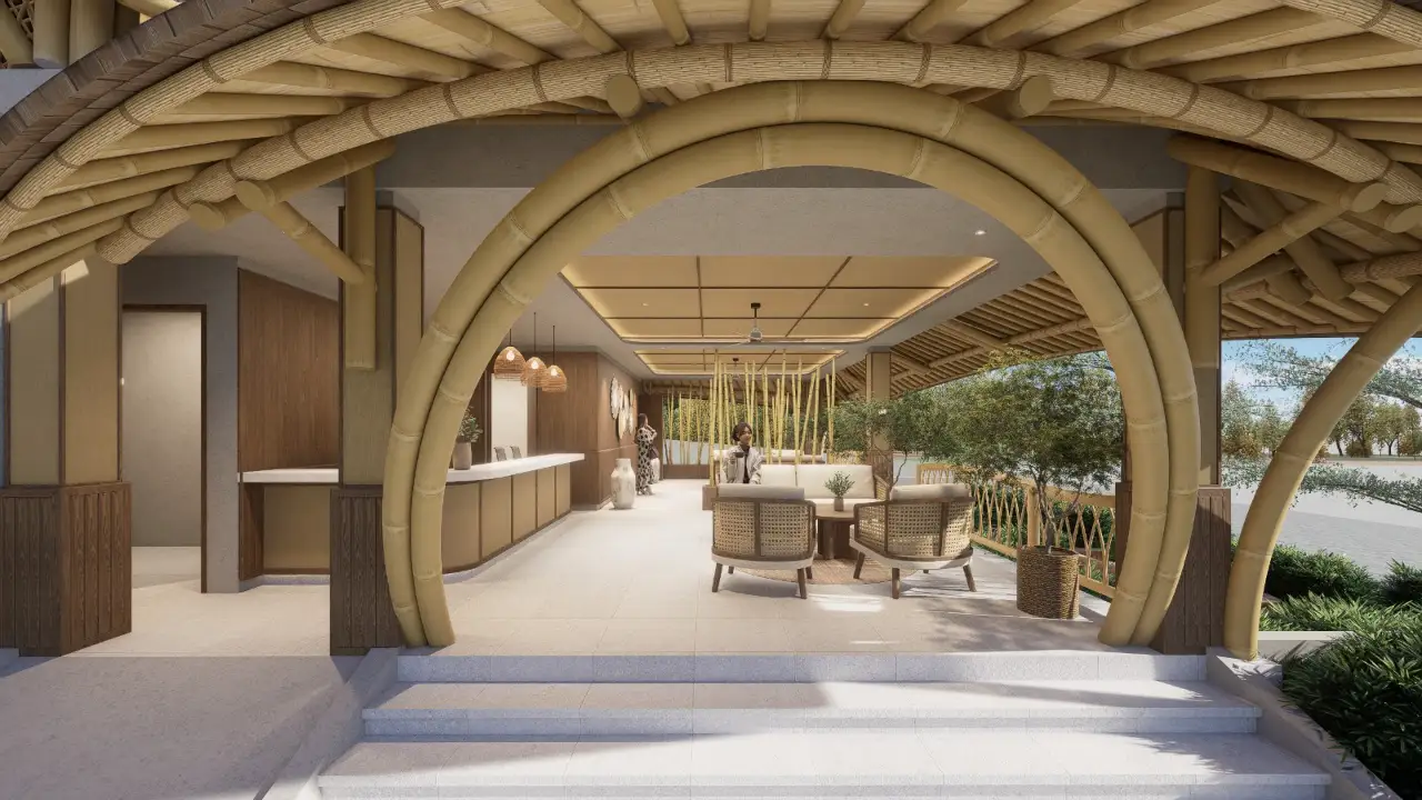 Render — Lokalé reception framed by bamboo arch