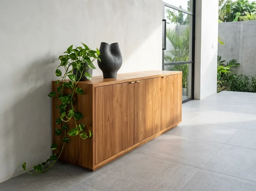 Modern Airbnb rental villa interior in Bali — smooth teak furniture and large-format porcelain tiles built for high-turnover use