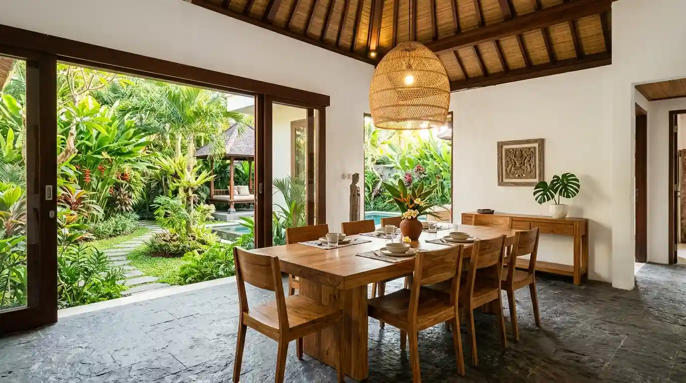 Grade-A teak dining table and andesite stone floor in a Bali villa interior designed for tropical humidity