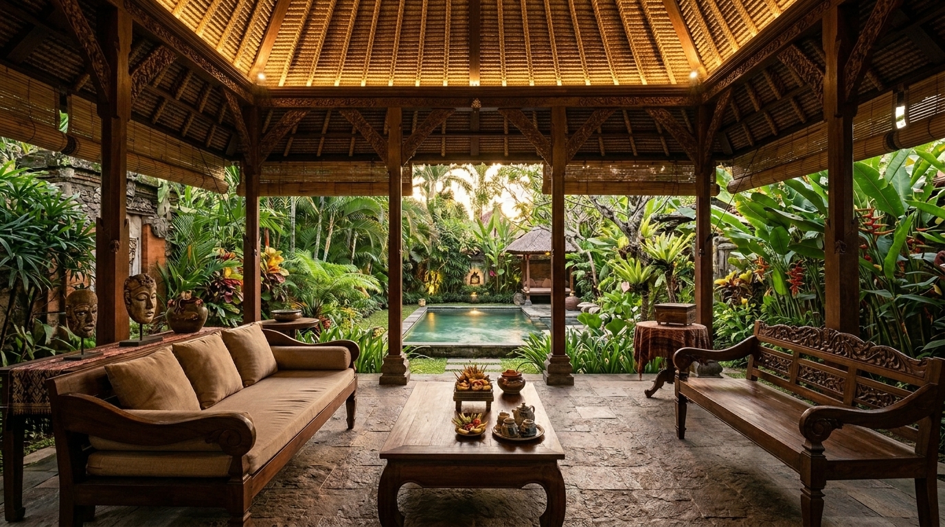 Traditional Balinese interior design in a Bali villa — carved timber panels, open pavilion, natural stone, and tropical garden