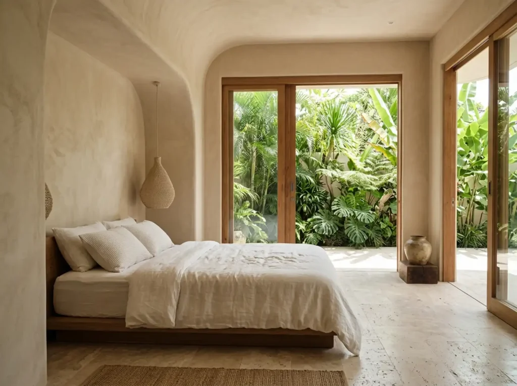 Tropical modern bedroom in a Bali villa — curved plaster niche, warm neutral palette and soft natural light