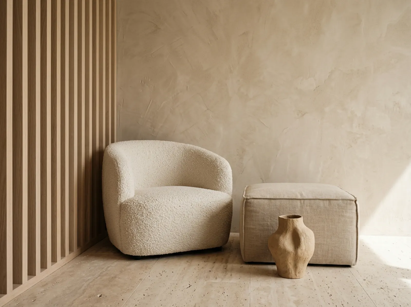 Tropical material palette of microcement, travertine, pale timber and textured upholstery