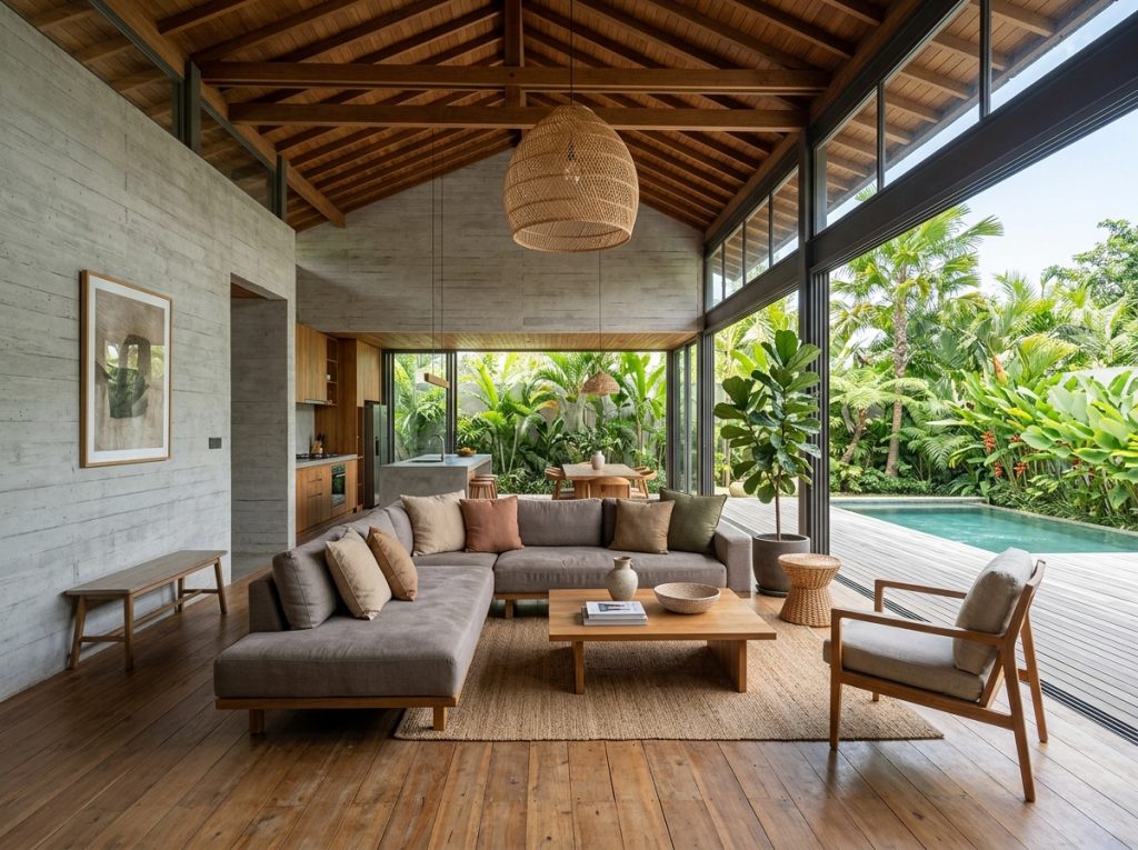 Tropical modern interior design in a Bali villa — clean concrete, warm teak floor, minimal furniture, and floor-to-ceiling tropical garden view