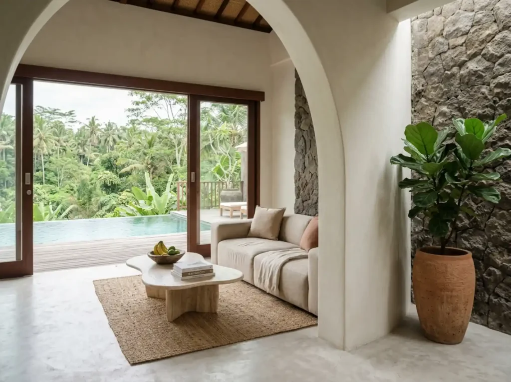 Villa staging in Bali — decluttered open-plan living room with rule-of-one styling and layered natural texture