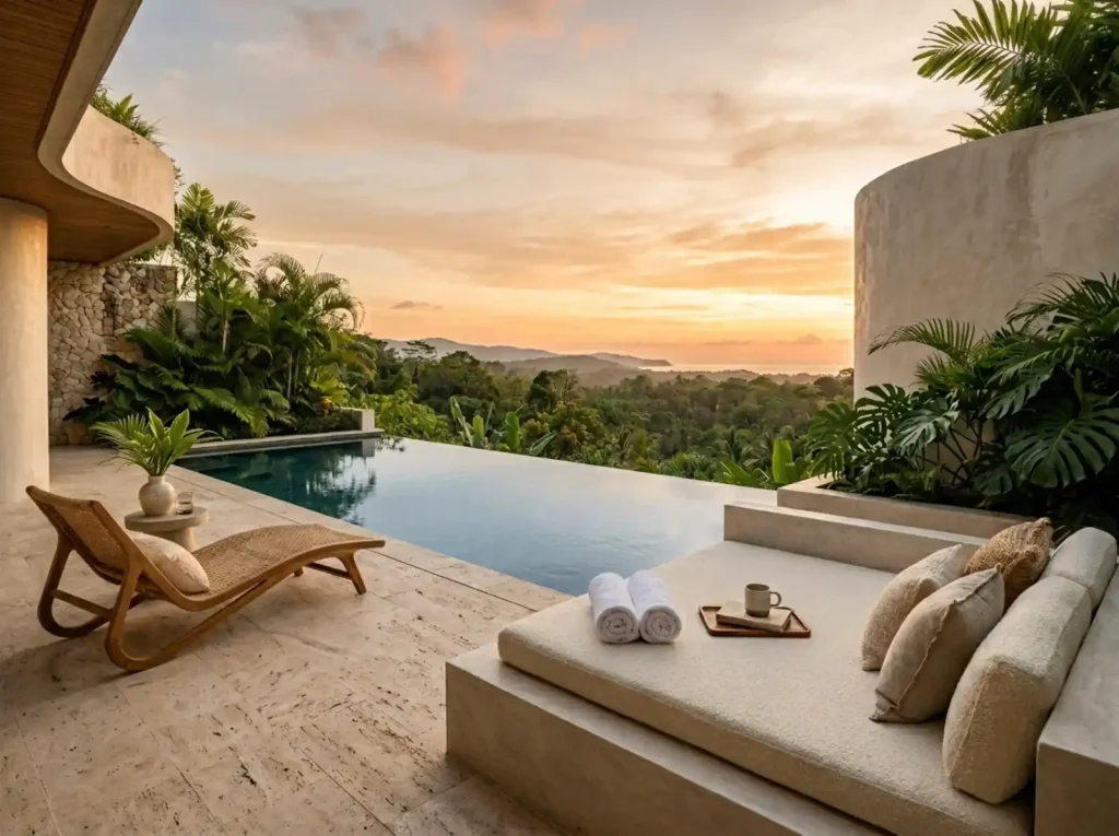 Villa staging in Bali — poolside daybed dressed for a golden-hour listing photo beside an infinity pool