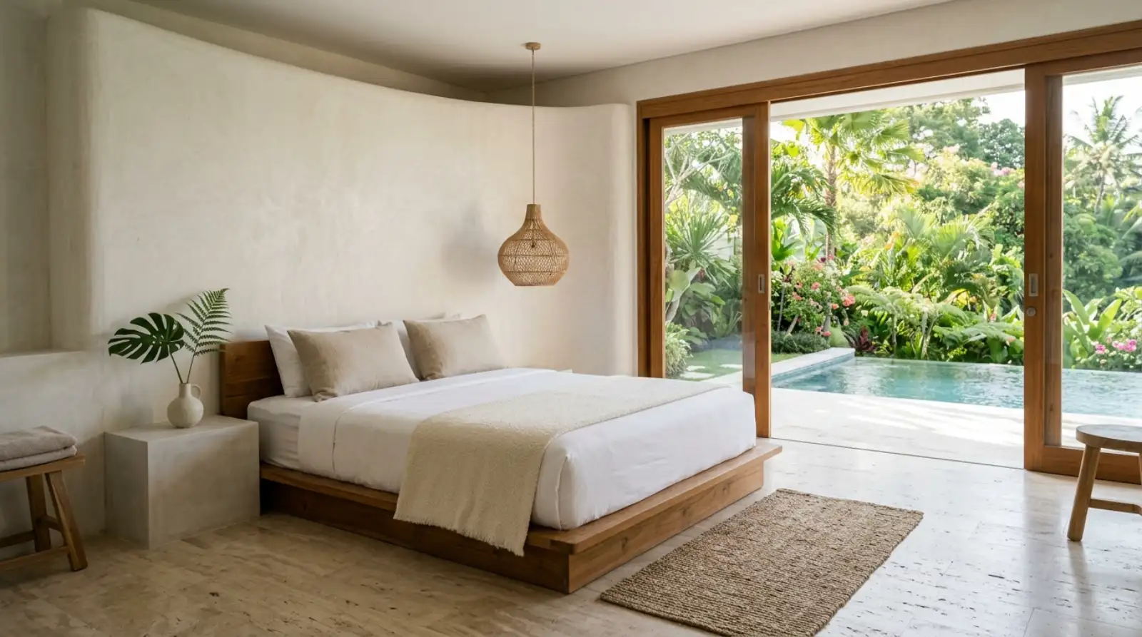 Villa staging in Bali — modern-organic bedroom styled for the listing photoshoot with crisp white linen and a framed garden view