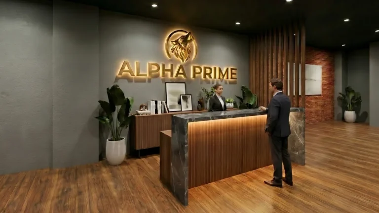 Dark executive reception for Alpha Prime in Berawa, Canggu, with a gold wolf logo wall, backlit stone and timber counter and walnut slat screen, designed by Bali Best Design