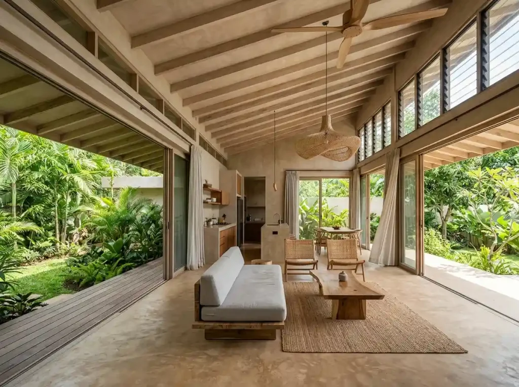 Open Bali interior with high ceilings and cross-ventilation reducing humidity and heat.