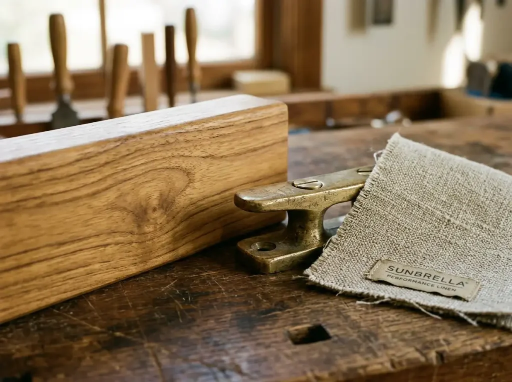 Seasoned teak grain, brass hardware and linen for durable custom Bali furniture.