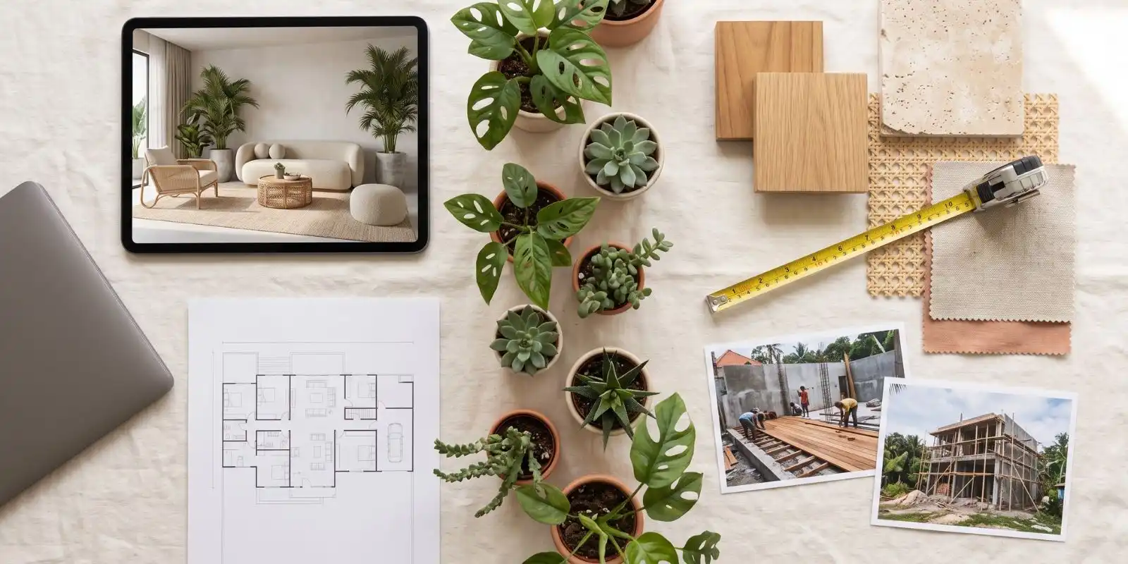 E-design vs a local interior designer — remote design tools and 3D renders alongside physical material samples and on-site photos for an overseas villa