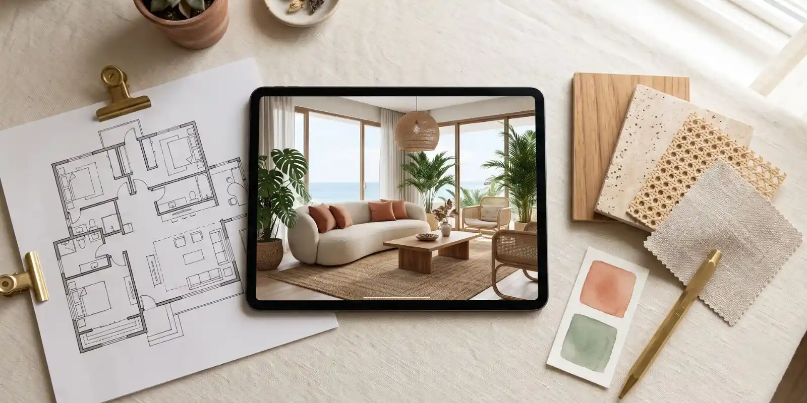 How online interior design works — a designer's desk with a 3D tropical living-room render, a floor plan and material swatches for a remote e-design project