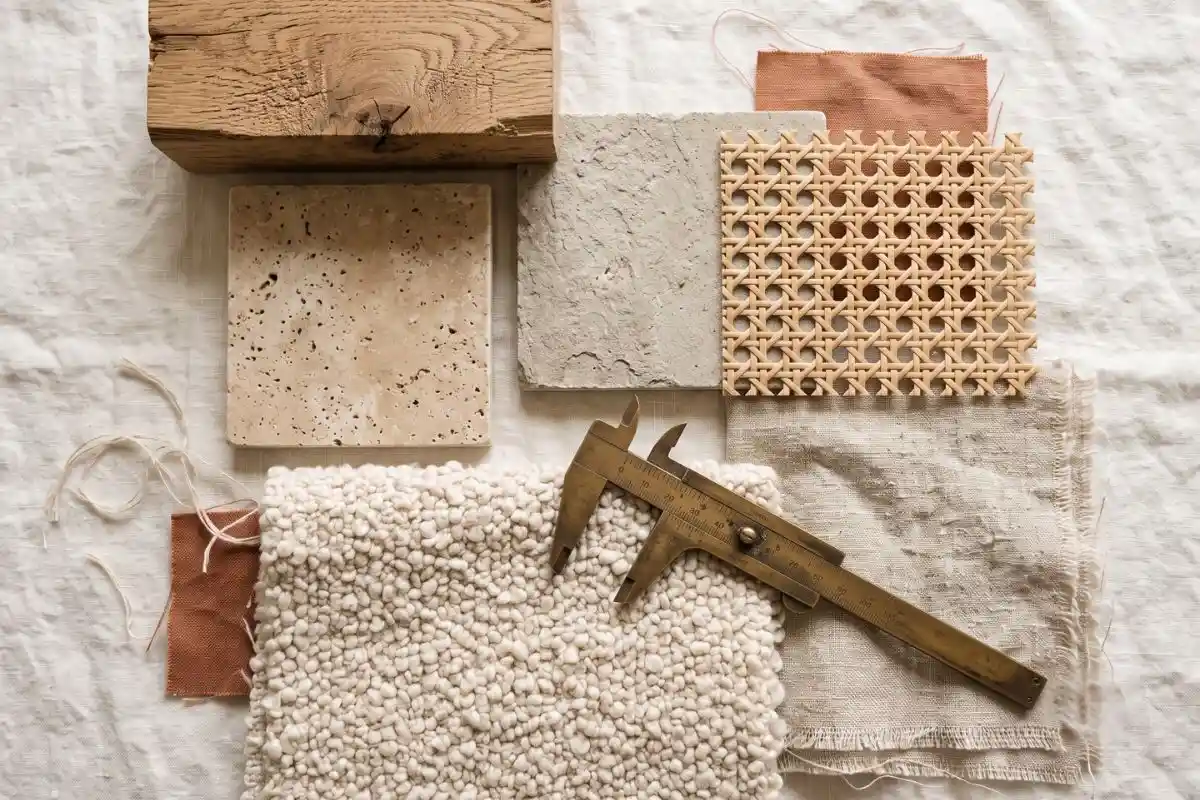 Natural interior material samples of raw timber, travertine, cane and linen