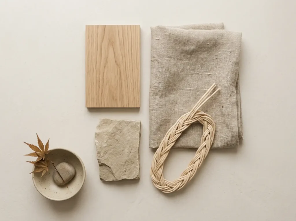 Japandi interior design material palette — light oak, linen, matte stone, and treated rattan