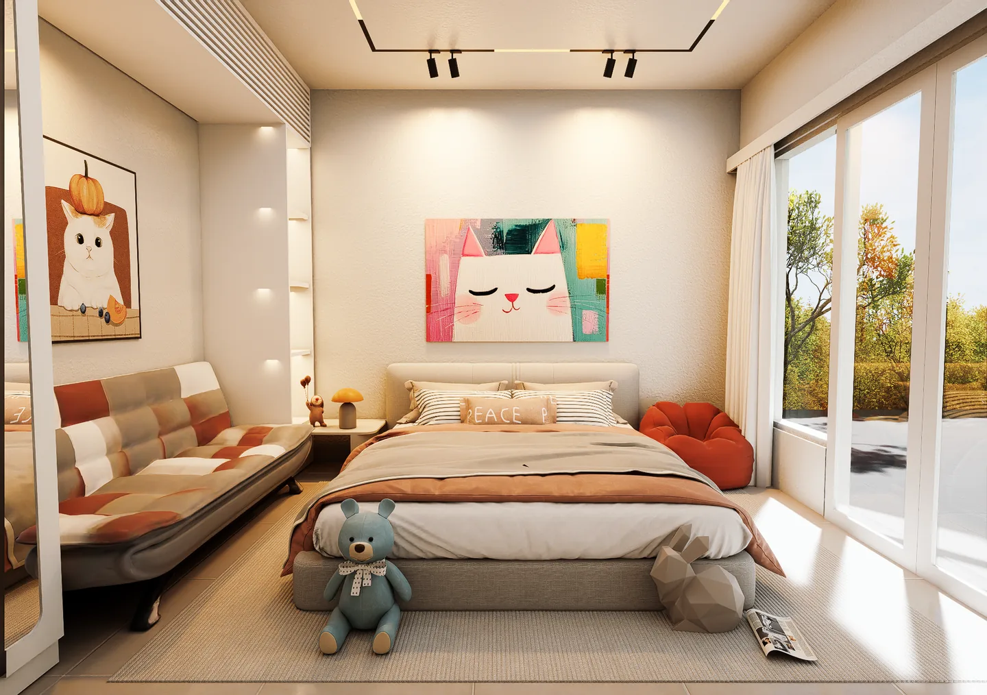 Kids bedroom interior design in Kerobokan, Bali, with white built-in joinery, a sofa bed and a study desk, designed by Bali Best Design