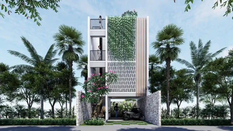Three storey management office building design in Kayu Tulang, Canggu, with a breeze block and green wall facade over a stone entry court, designed by Bali Best Design
