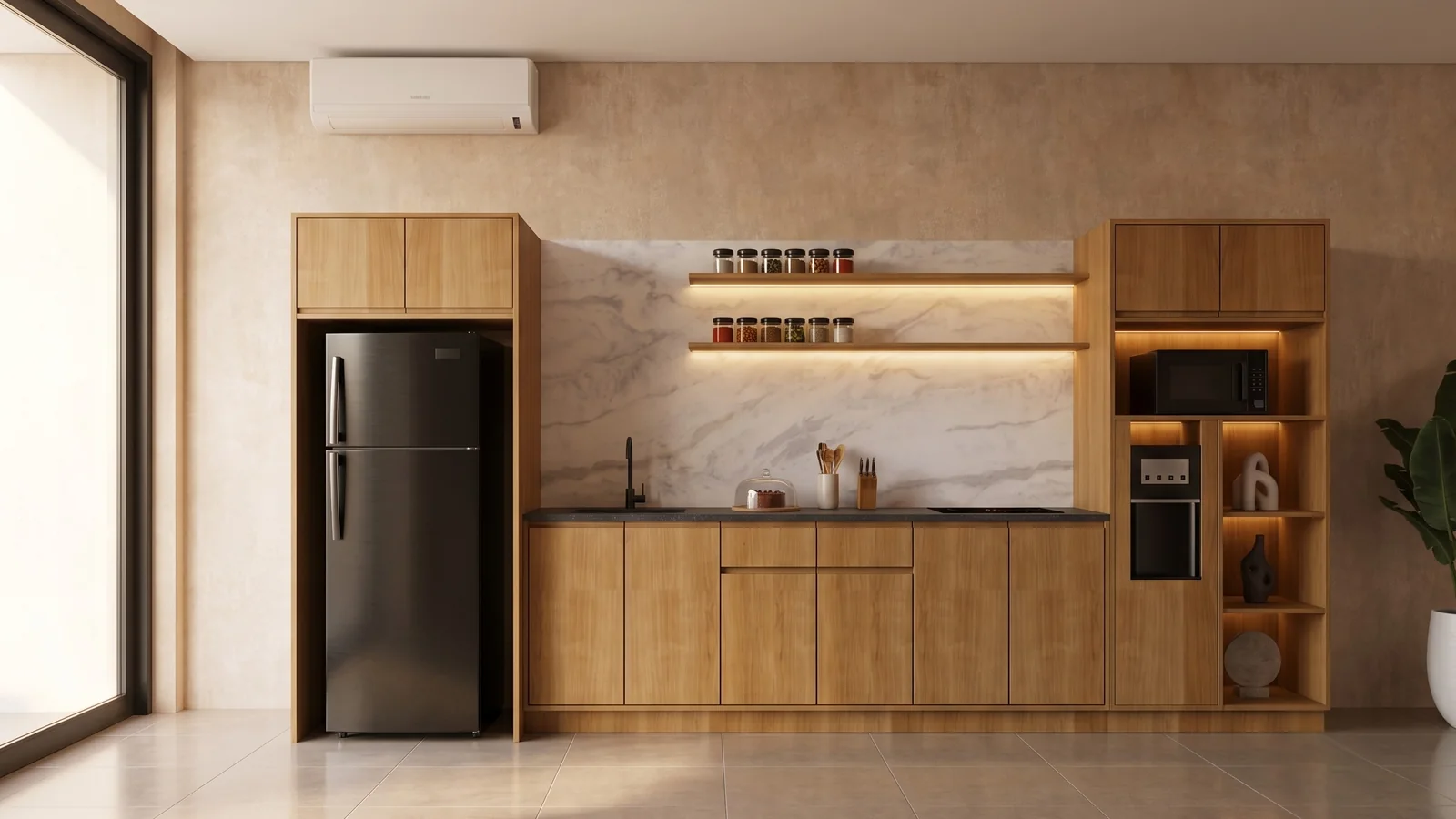 Lokalé villa kitchen interior design in Kayu Tulang, Canggu, with oak joinery and a marble backsplash, designed by Bali Best Design