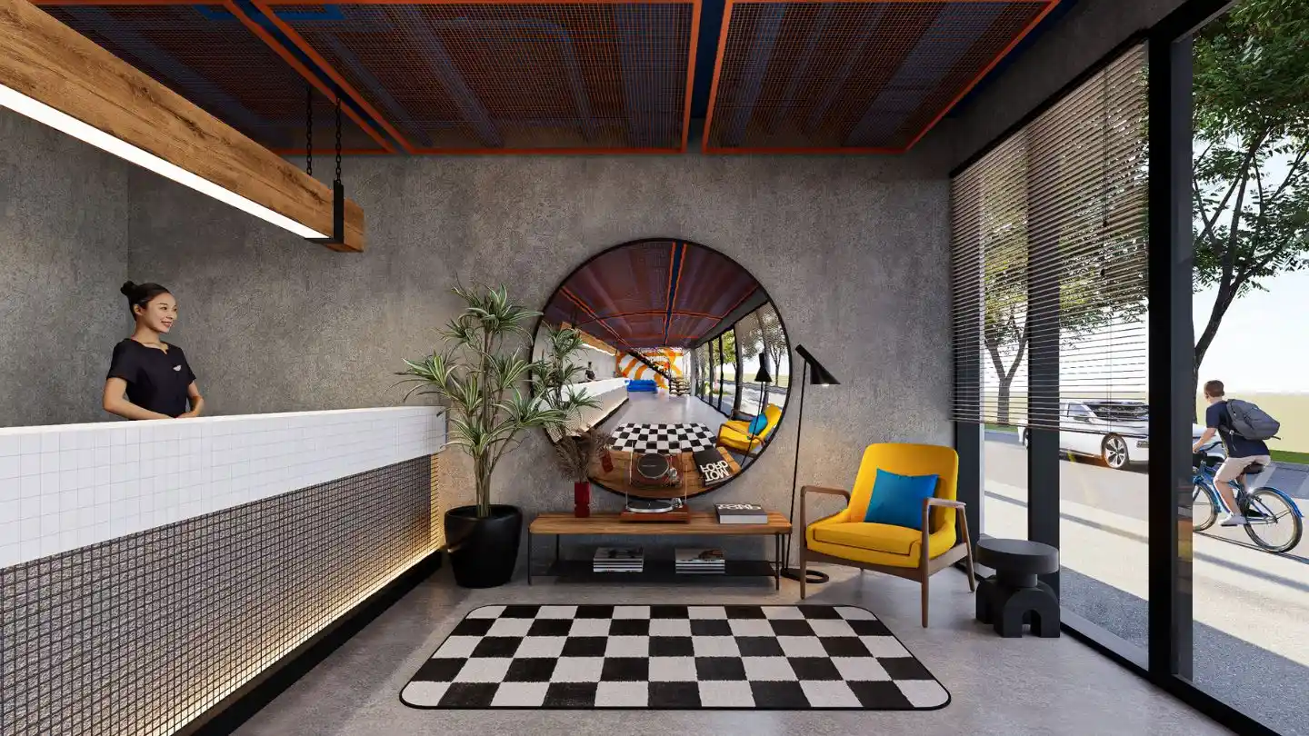 Micro hotel lobby interior design in Kayu Tulang, Canggu, with a tiled reception counter, a round mirror and a painted steel mesh ceiling, designed by Bali Best Design